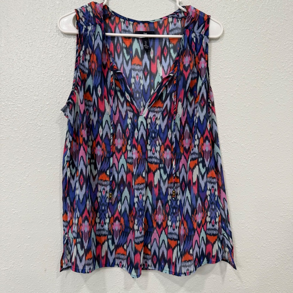 Gap Womens Tassel Tank Top Multi Print Ikat Sleeveless V-Neck Blouse Large‎